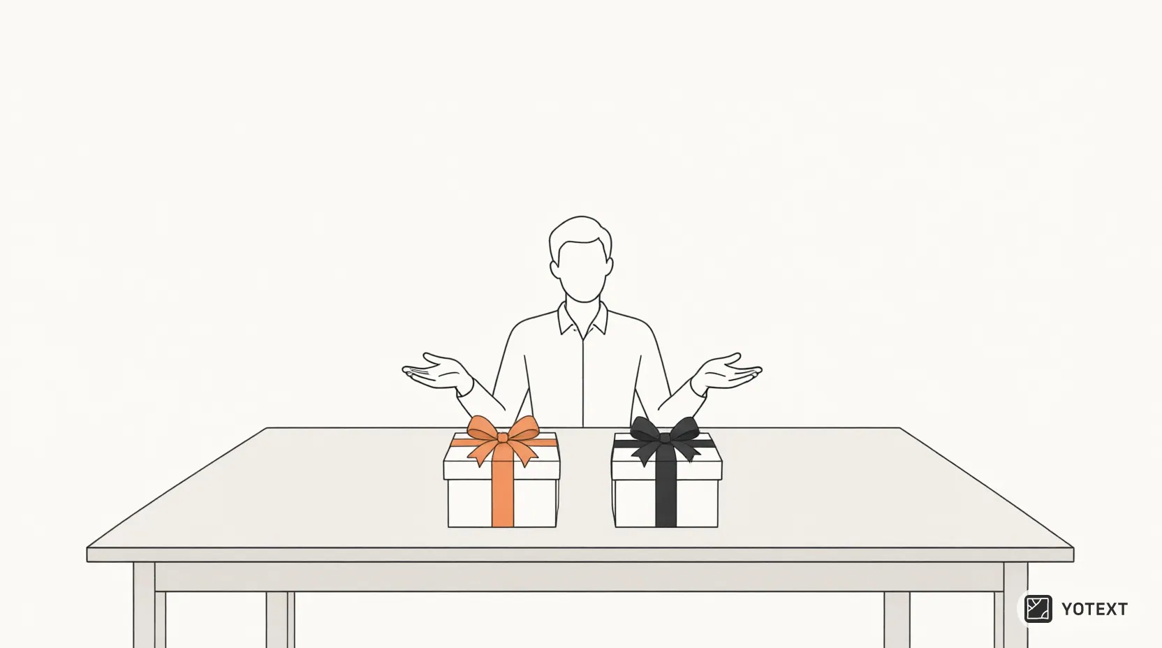Two identical gift boxes with differently colored ribbons are placed side by side on a conference table, while someone sits across with open hands gesturing toward both options.