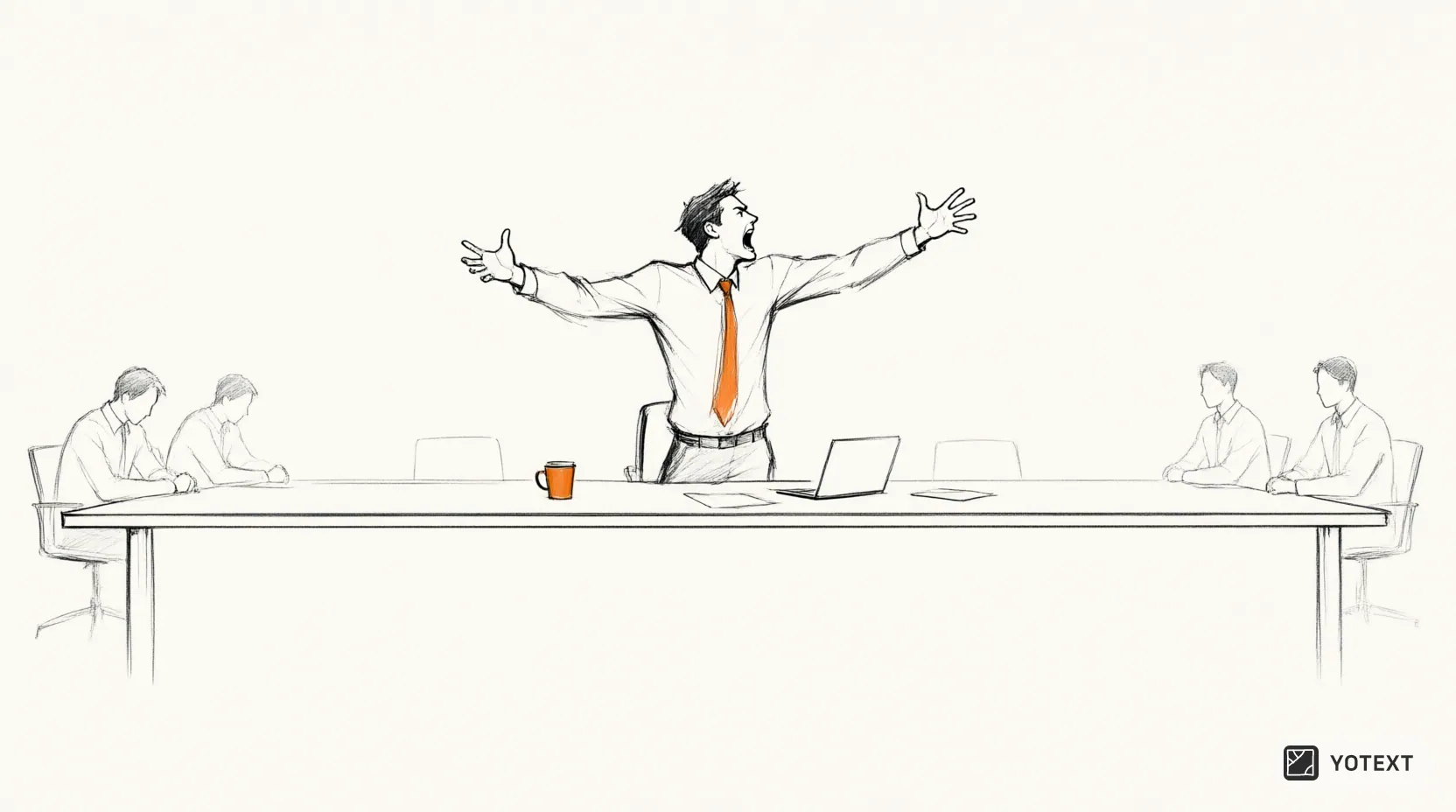 Illustration of one meeting participant dominating the conversation loudly while others are sidelined and given no chance to speak.