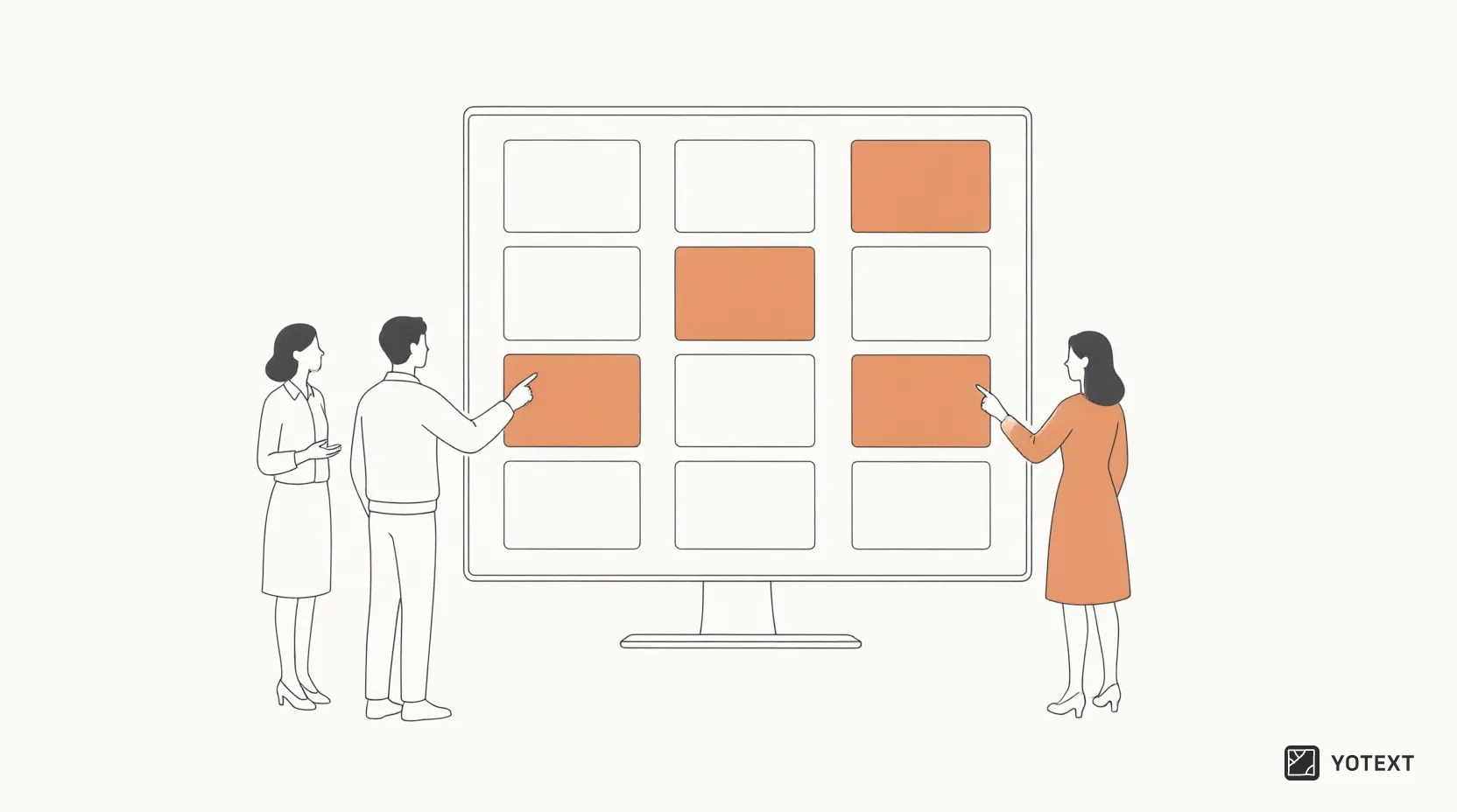 A group of people collaborating in front of a large screen displaying structured task cards in neat columns.