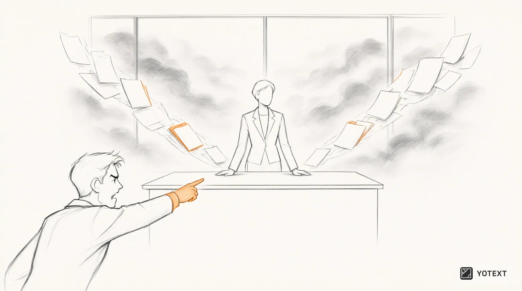 A professional stands at their desk with a foggy window behind them, while a client points from the front, and two blurry paper document paths branch off in different directions.