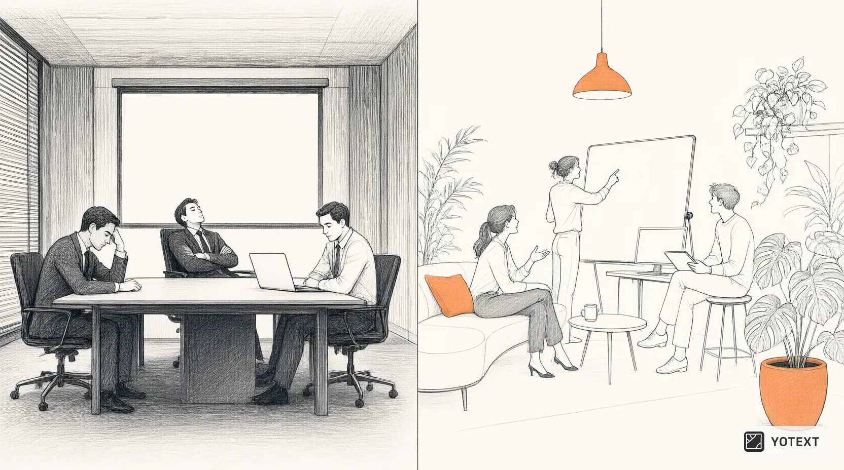 Visual comparison between a boring meeting room and an aesthetically designed workspace to boost creativity.