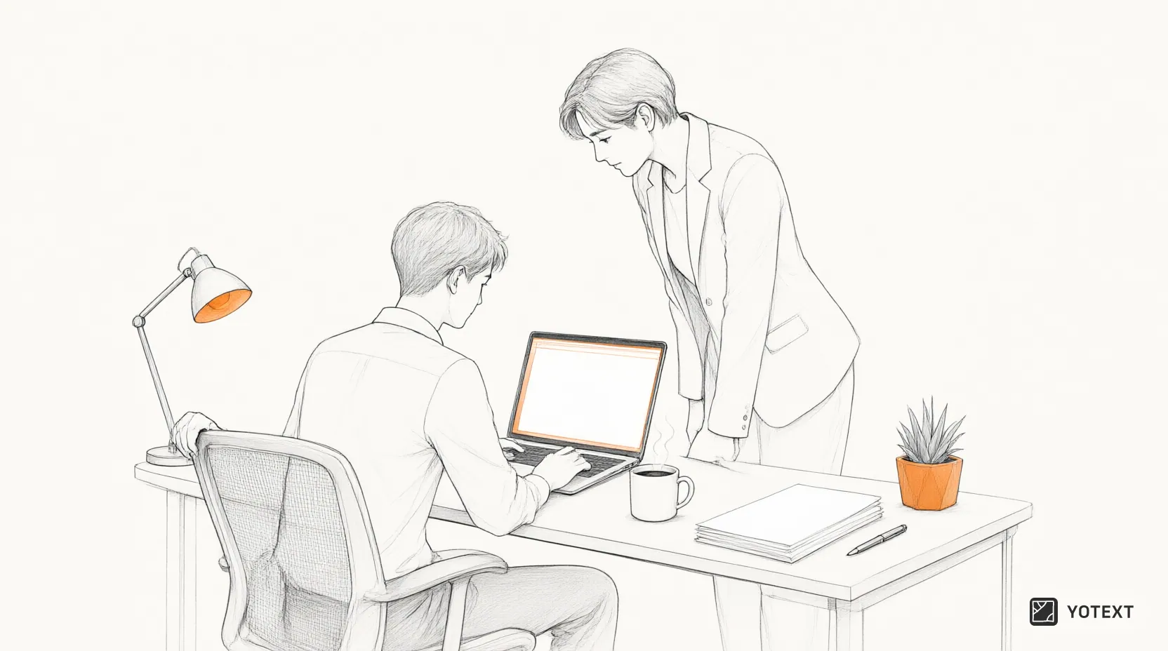 A manager standing too close behind an employee working on a laptop, depicting a micromanagement atmosphere.