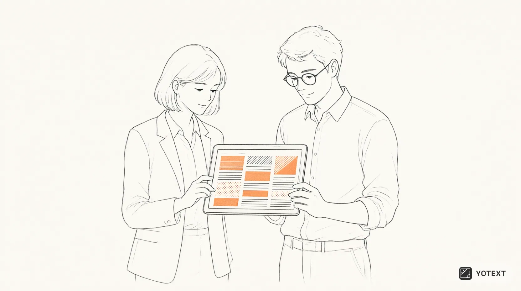 Two colleagues stand side by side looking at a large tablet displaying a document with differently colored sections, illustrating collaboration and cross-content correction.