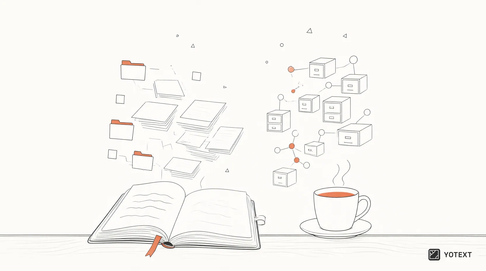 An open notebook on a desk with stacks of paper and small boxes emerging from its pages, depicting the transformation of raw conversation into structured knowledge assets.