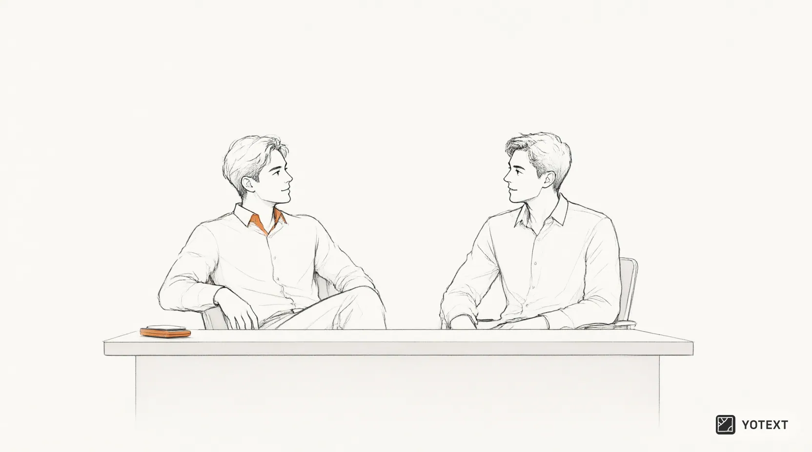 Two people talking casually at a desk with a discreet recording device, showing interaction without social disruption.